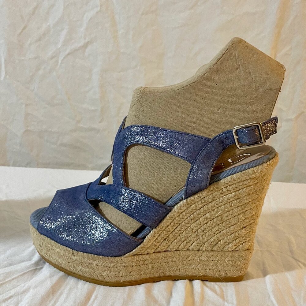 NWOB Kanna Blue Metallic Leather Wedge Espadrille Sandals 39/8.5